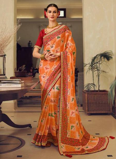 Orange KAVIRA SAYONEE PATOLA Heavy Wedding Wear Chinon Printed Designer Saree Collection 508